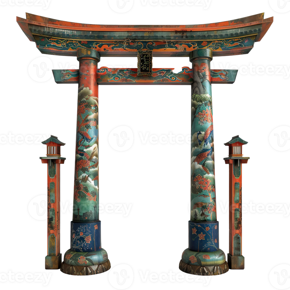 Ornate Japanese Torii Gate with Lantern Posts png
