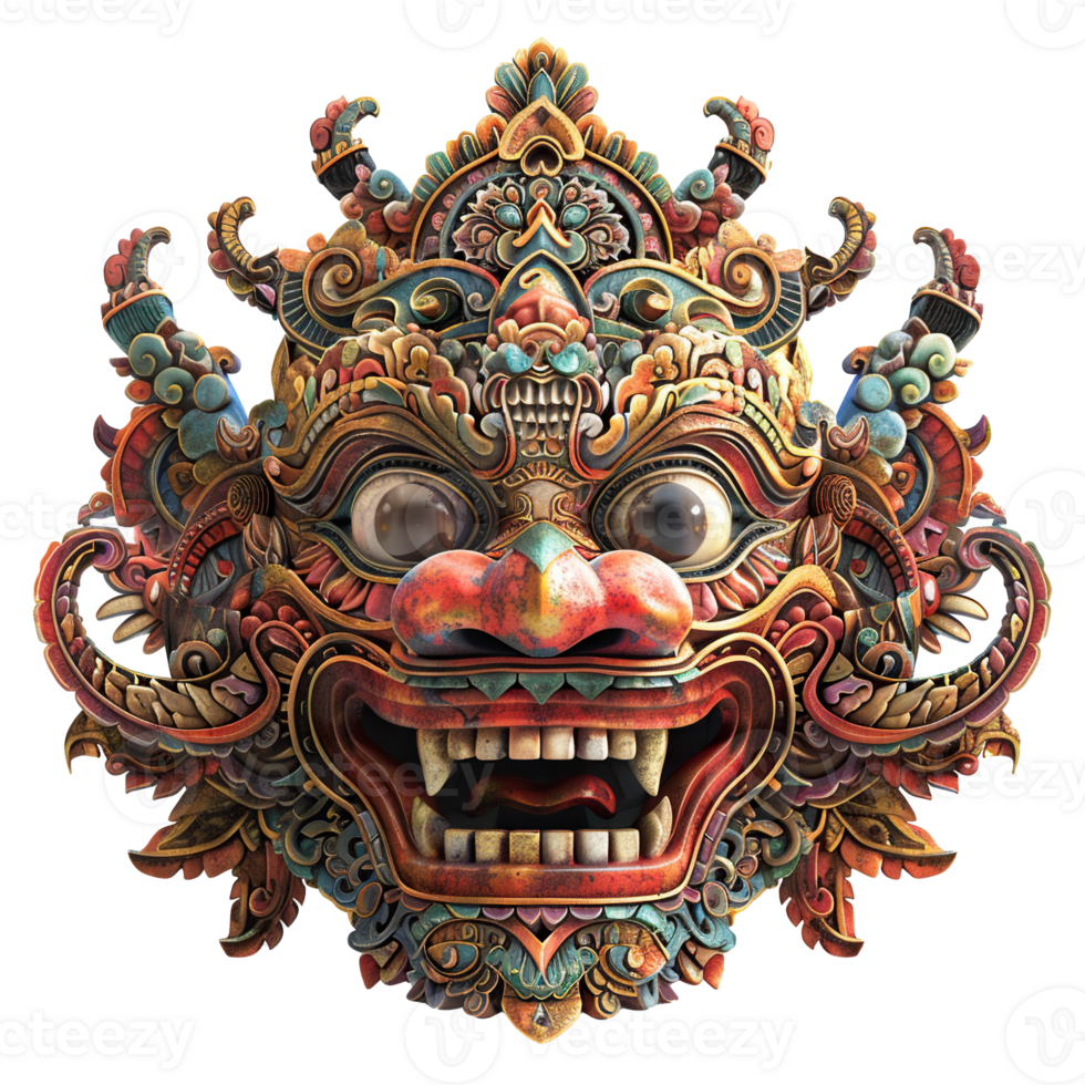 Intricately Carved Balinese Demon Mask with Ferocious Expression png