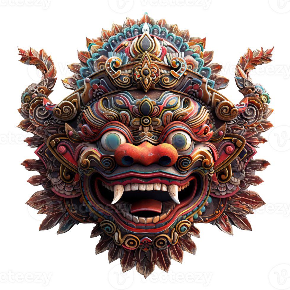 A Colorful Wooden Mask with Intricate Designs and a Ferocious Expression png