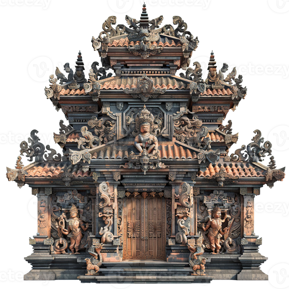 Intricate Balinese Temple Entrance with Carved Figures and Roofs png