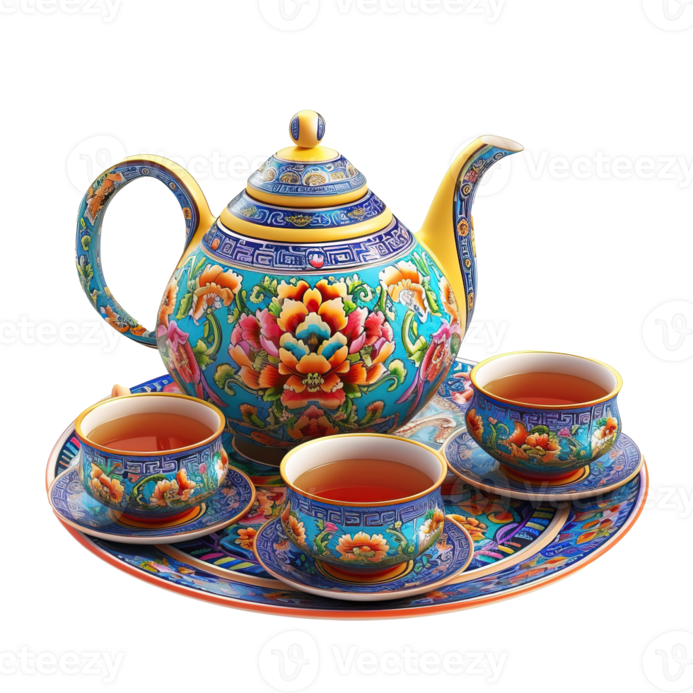 Ornate Chinese Tea Set with Floral Designs png