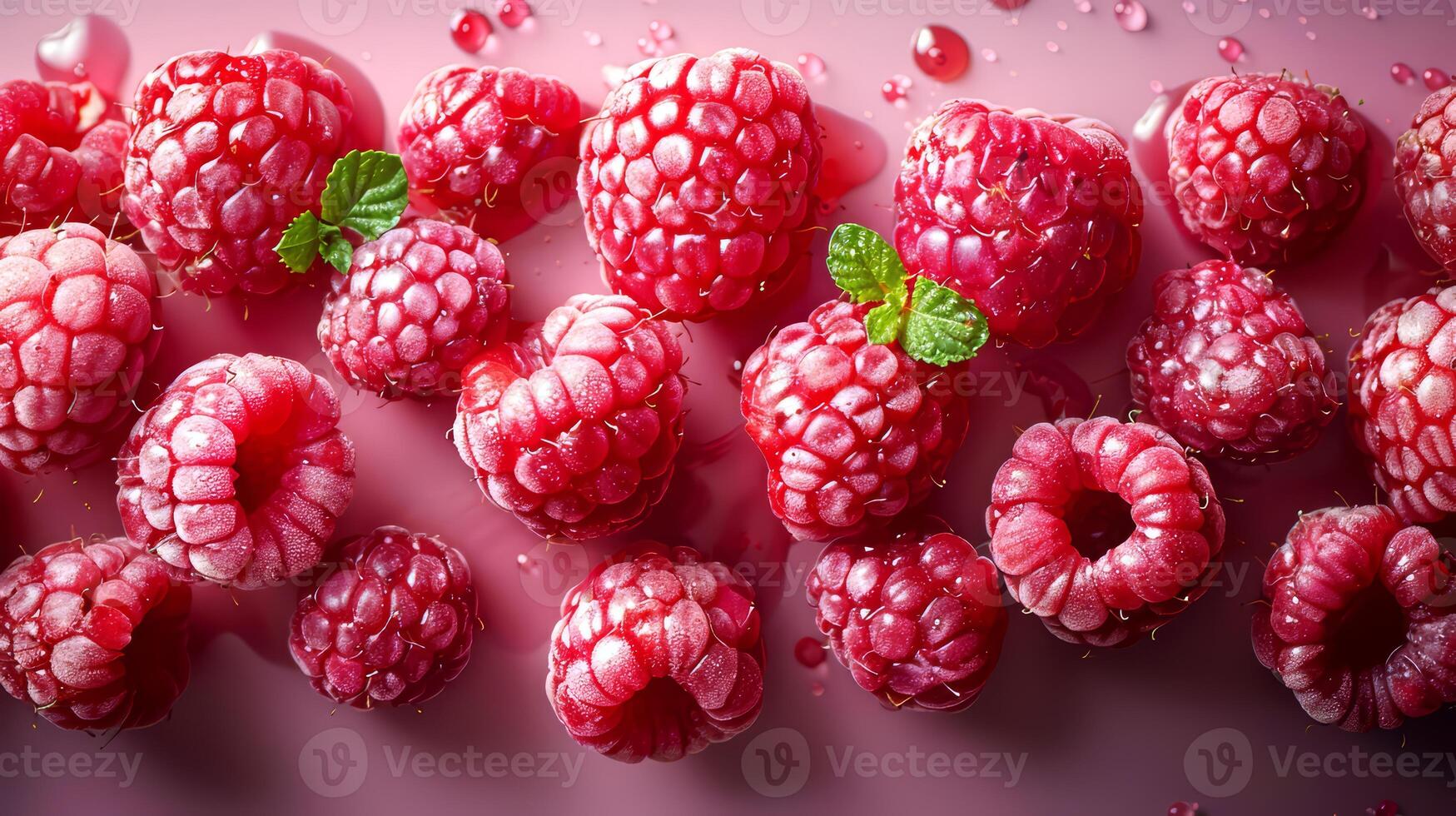 Ripe raspberries on a pink background. Top view. photo
