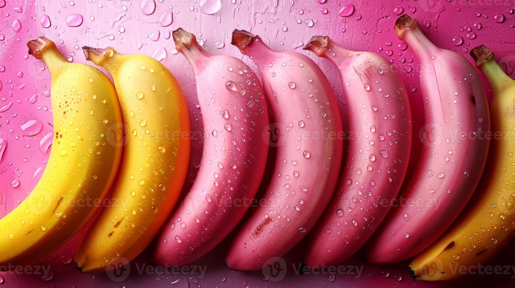Bunch of bananas with water drops on pink background, closeup photo