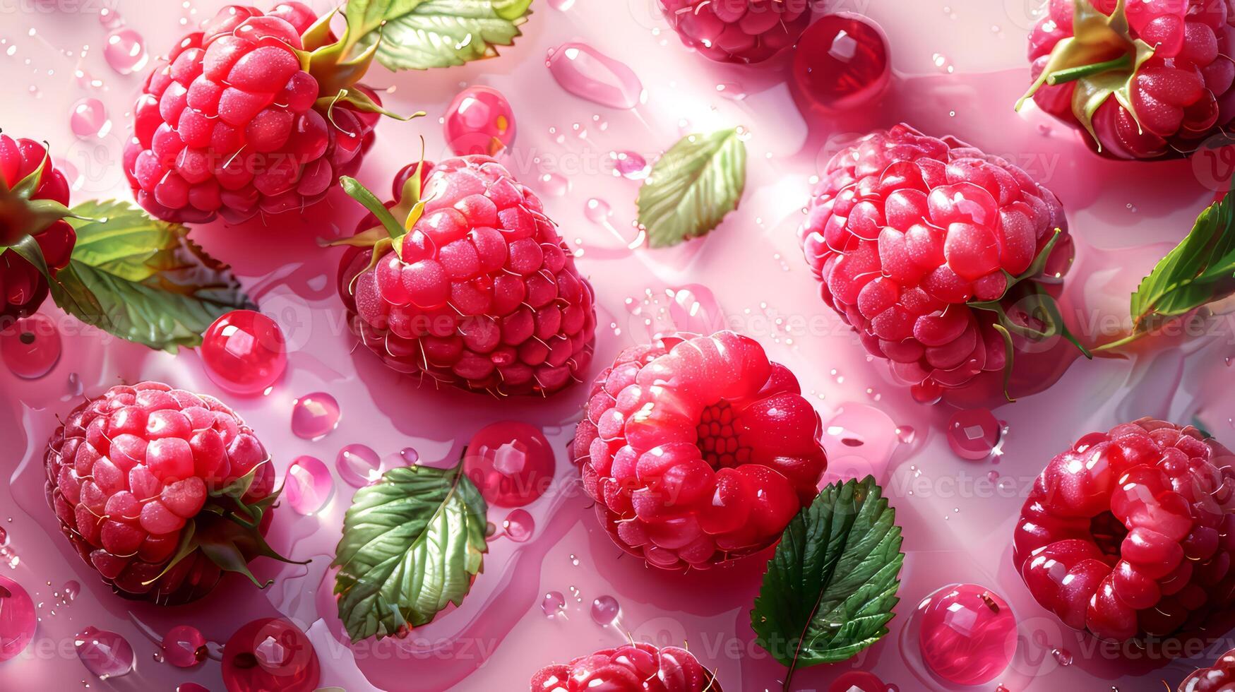 Fresh ripe raspberries with leaves on pink background, top view photo