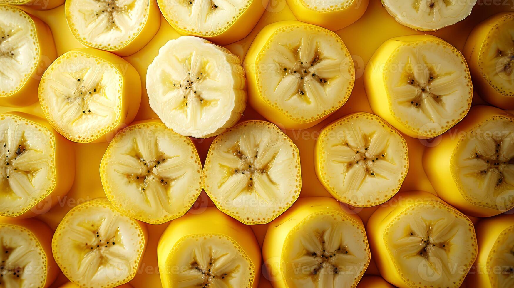 Slices of fresh yellow bananas as background, closeup view. photo