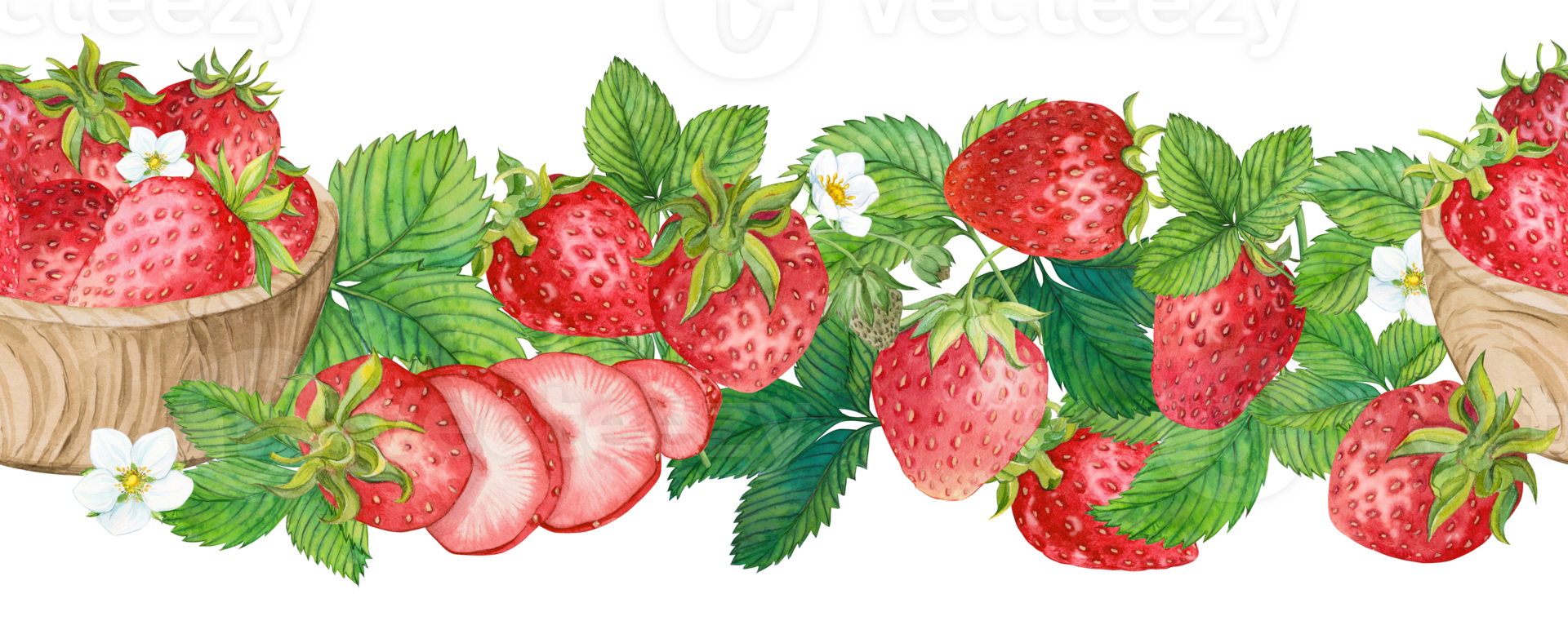 Red strawberry seamless border. Ripe red berries, flowers and leaves. Hand drawn watercolor ornament. Delicious food, fresh botanical realistic painting. Summer berry banner for menu, packaging, print png