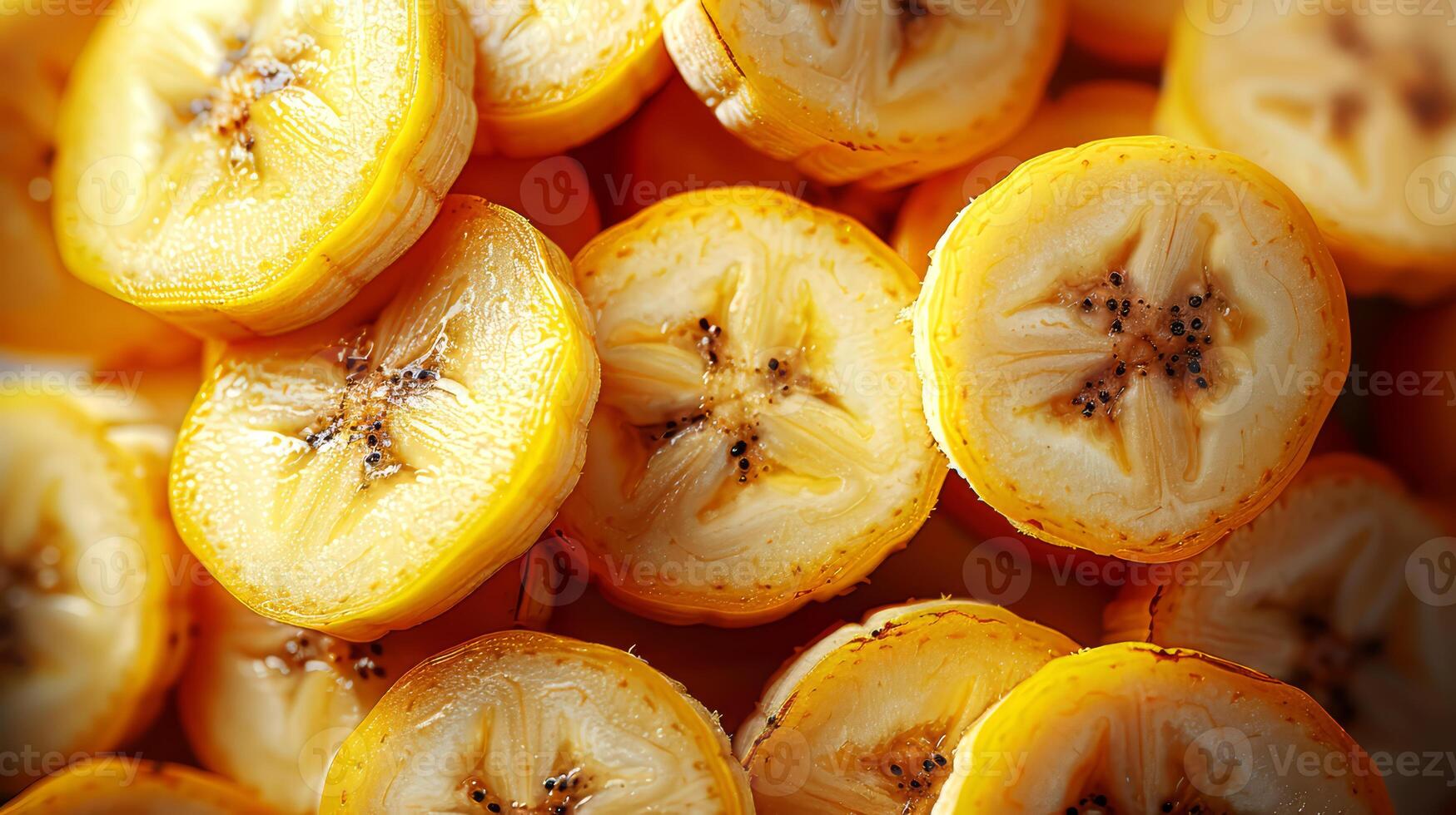Slices of fresh yellow bananas as background, closeup view. photo
