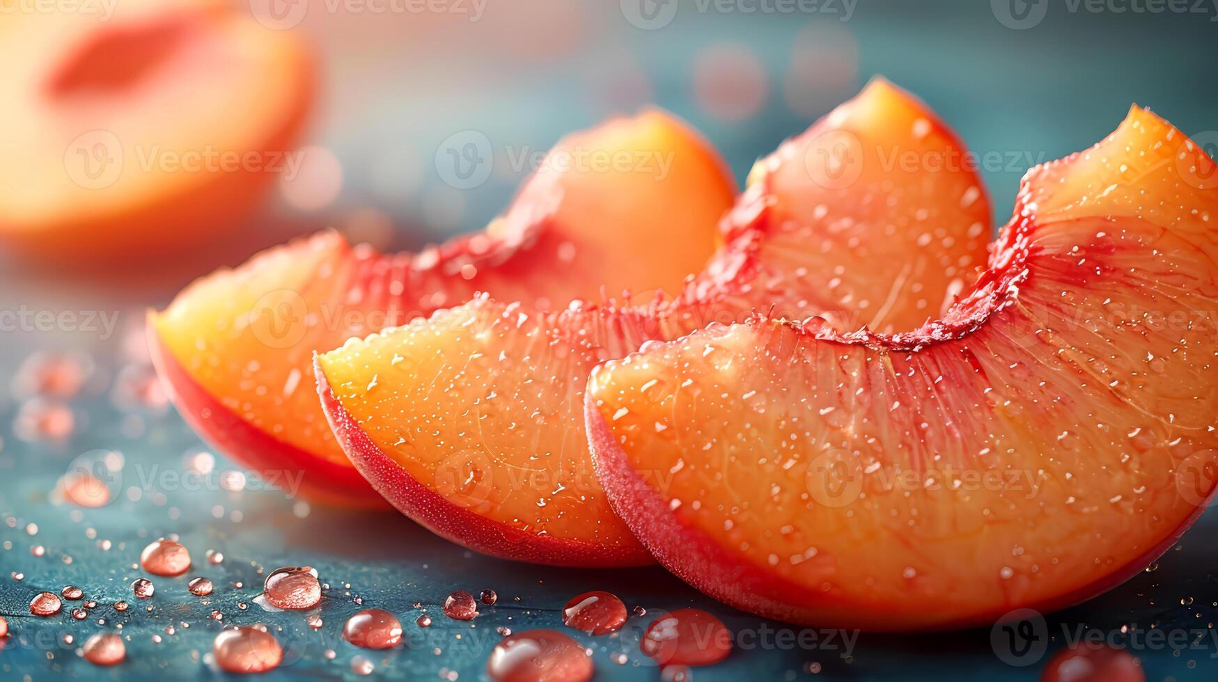 Peach slices with water drops on blue wooden table, closeup photo