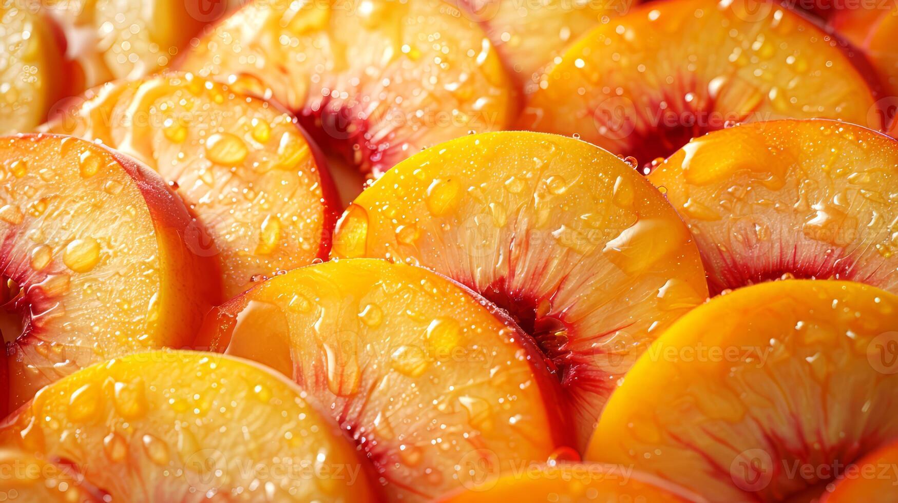Peach slices with water droplets on the surface, close-up photo