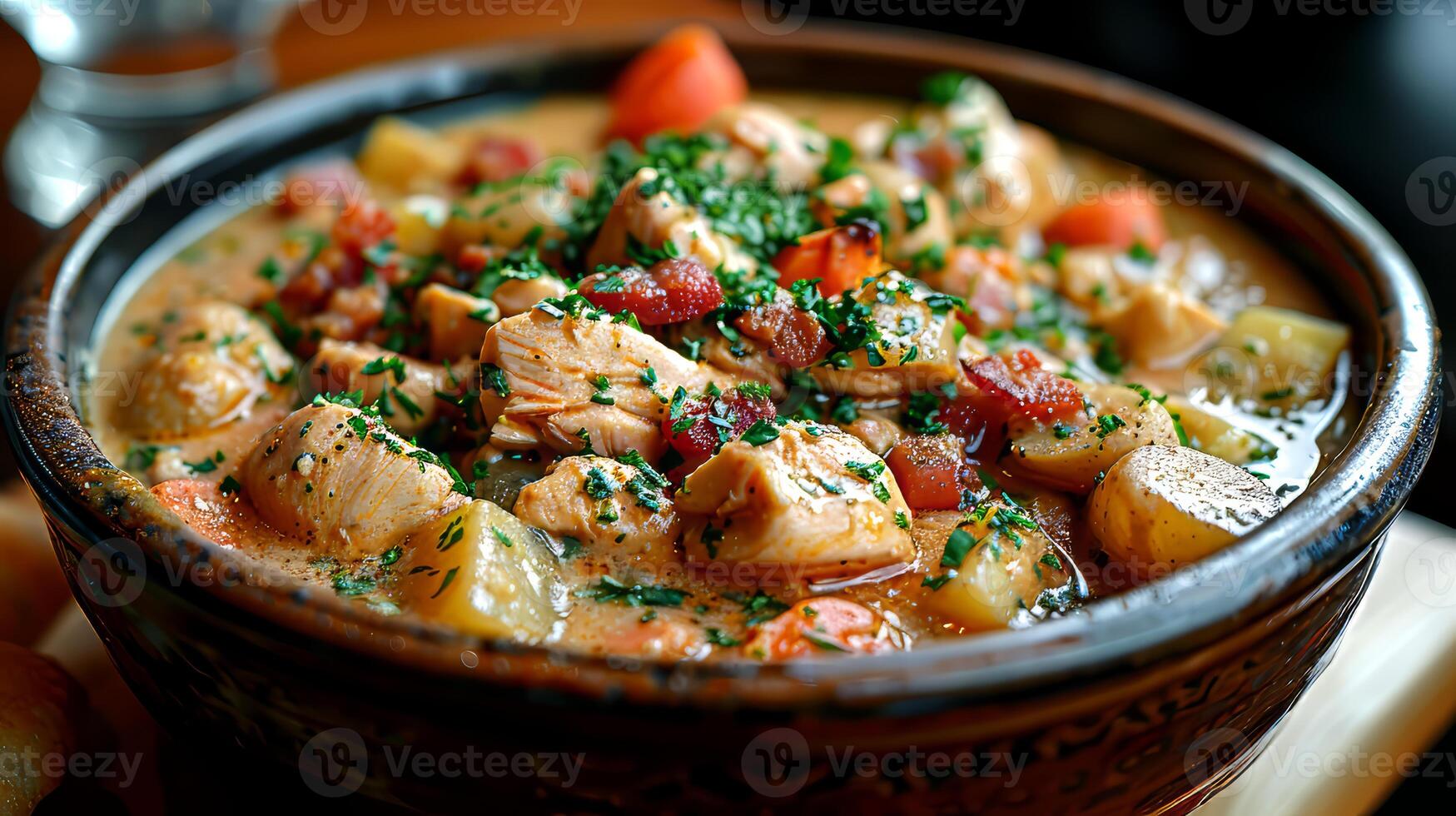 Chicken stew with potatoes, tomatoes and herbs in a rustic bowl photo
