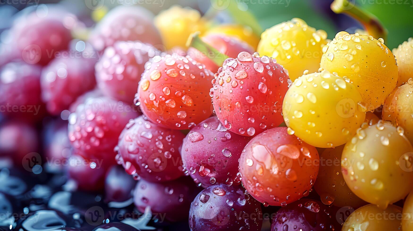 Bunch of grapes with water drops on black background, close up photo