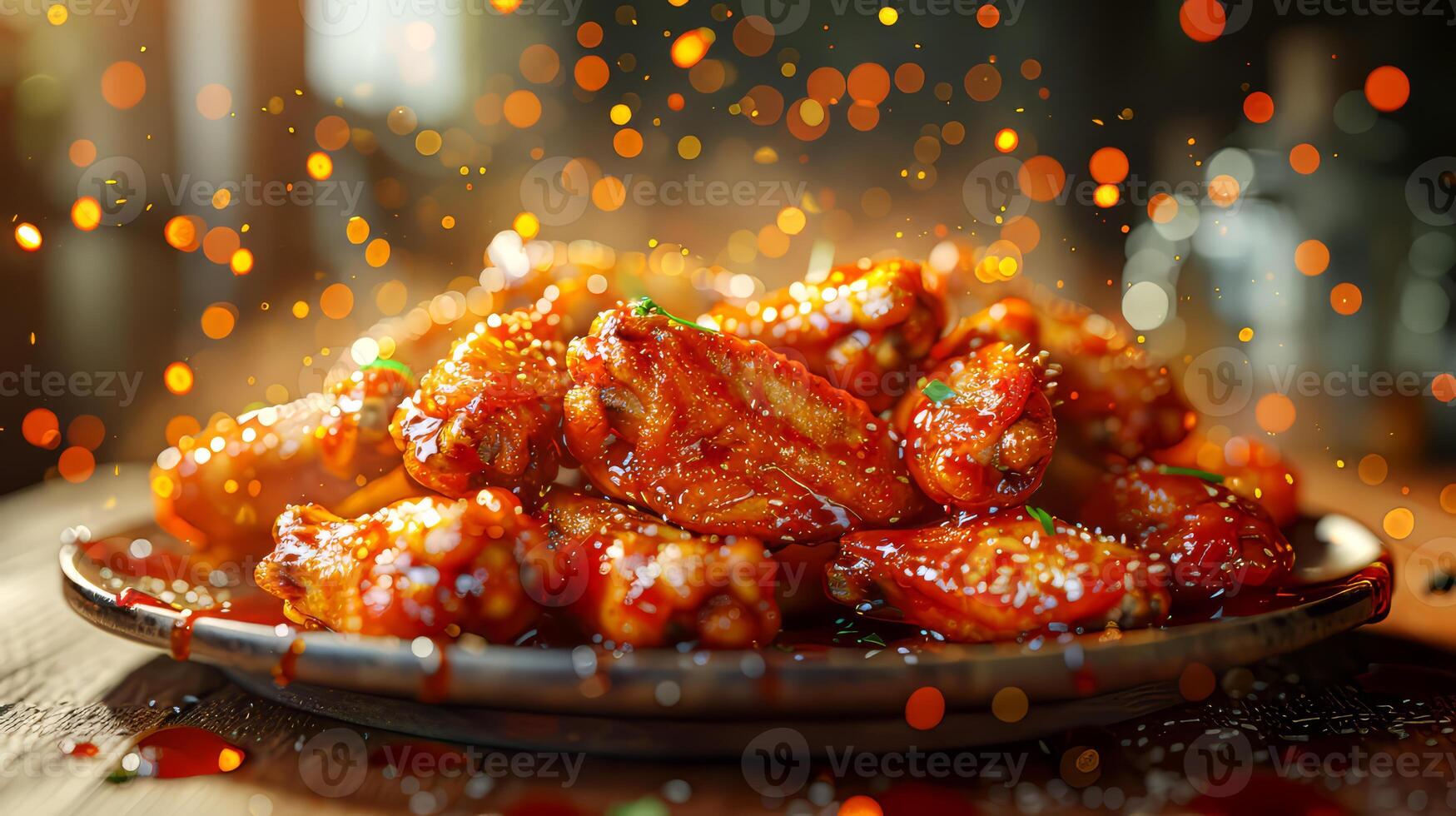 Baked chicken wings in sweet and sour sauce on a wooden table photo