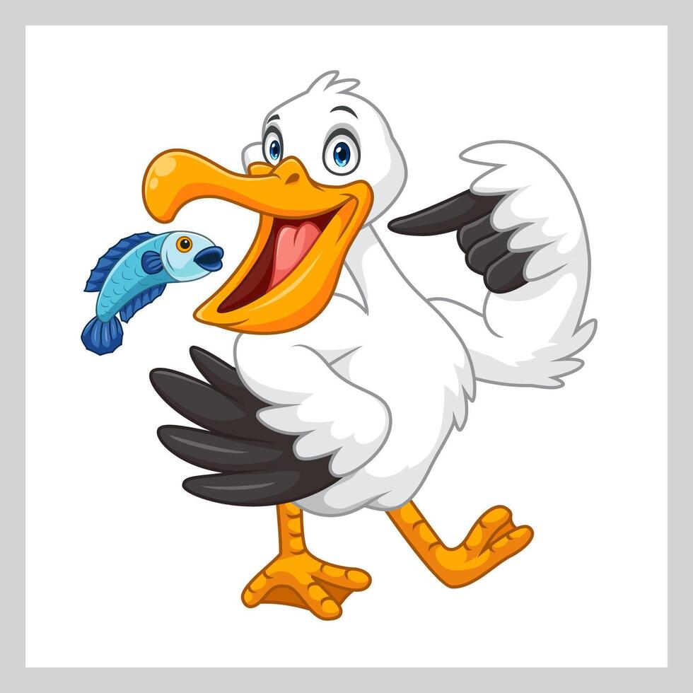 Cartoon pelican posing with fish vector