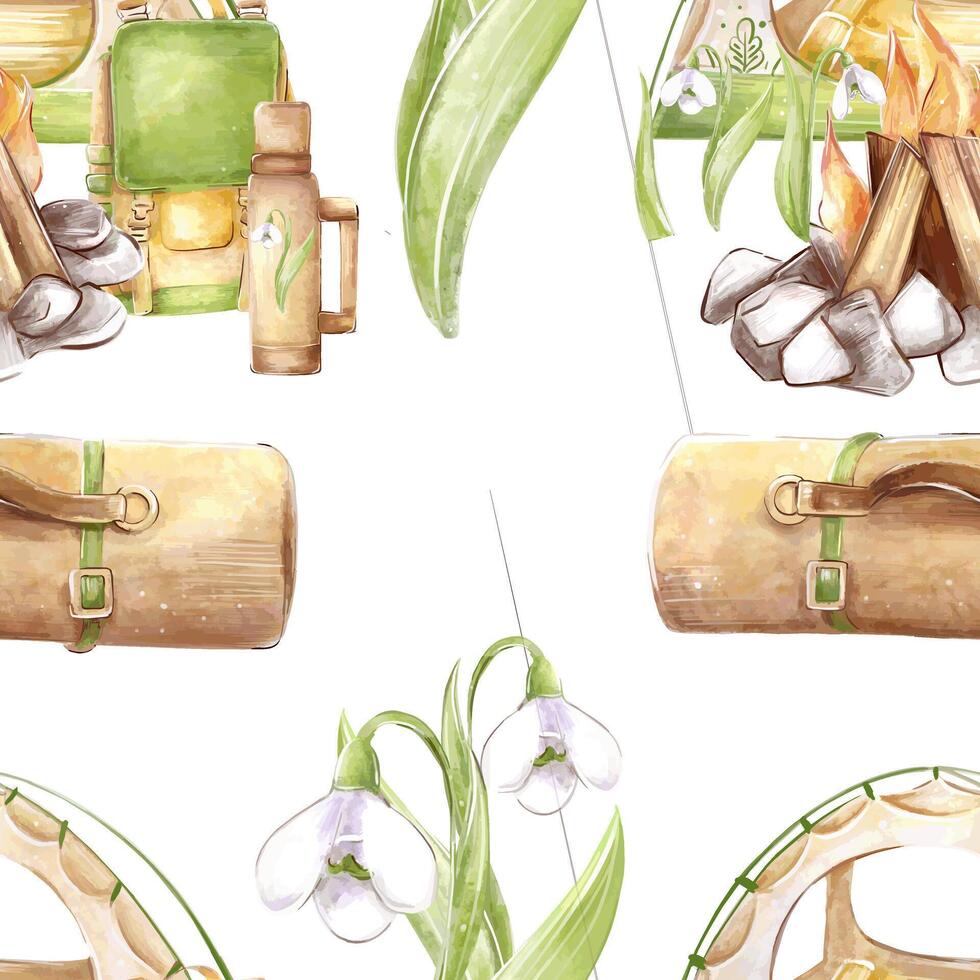 Seamless watercolor pattern with a campfire, a tent and a tourist backpack. Hiking, camping, travel. To create a design. vector
