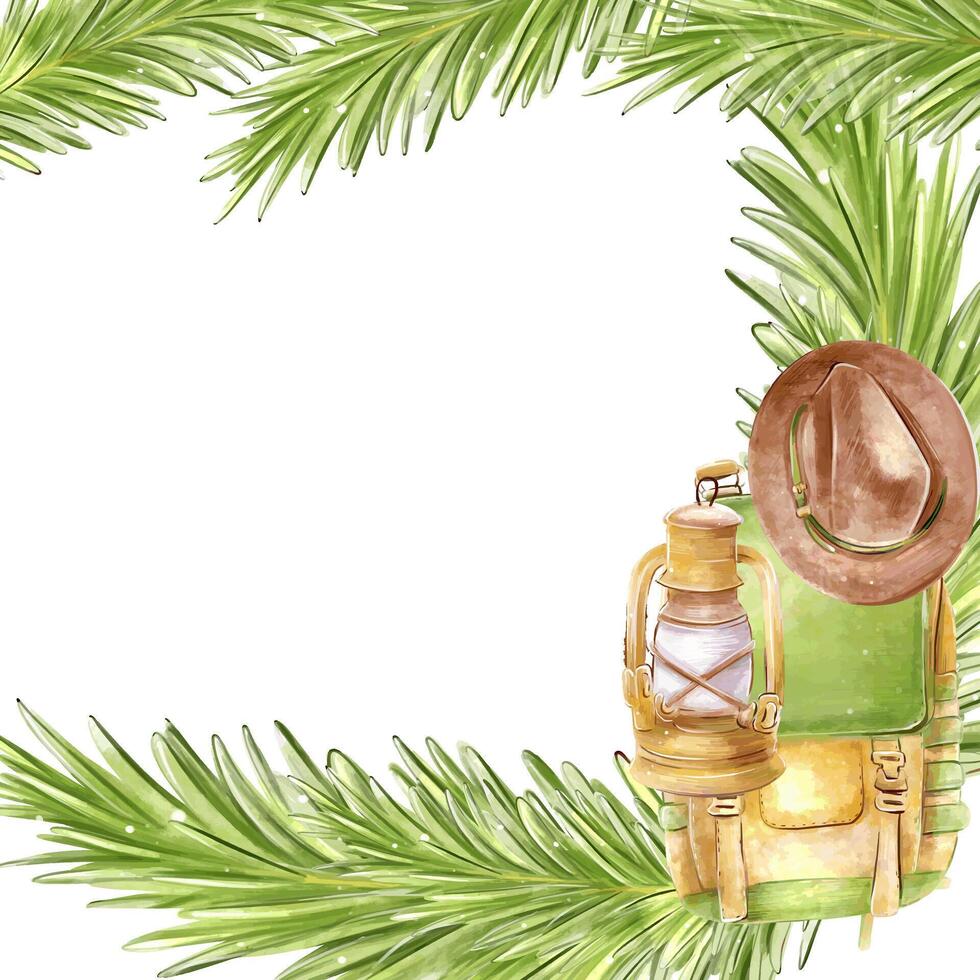Scout troop signature frame, forest invitation with fir branches, hat, backpack and compass on the theme of tourism, travel, camping. Used for design banner, flyer, scrapbook, cards. vector