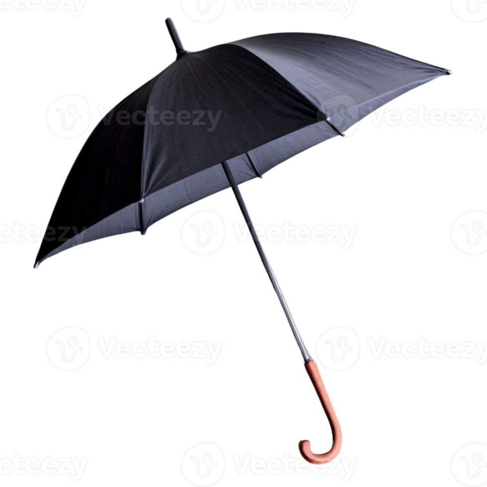 Floating black umbrella with wooden handle isolated on transparent background png
