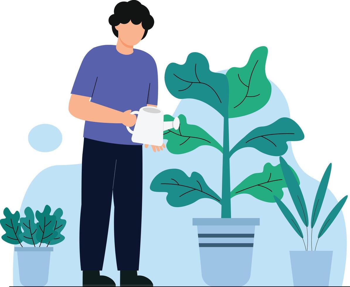 a man watering some a plants simple flat design style vector