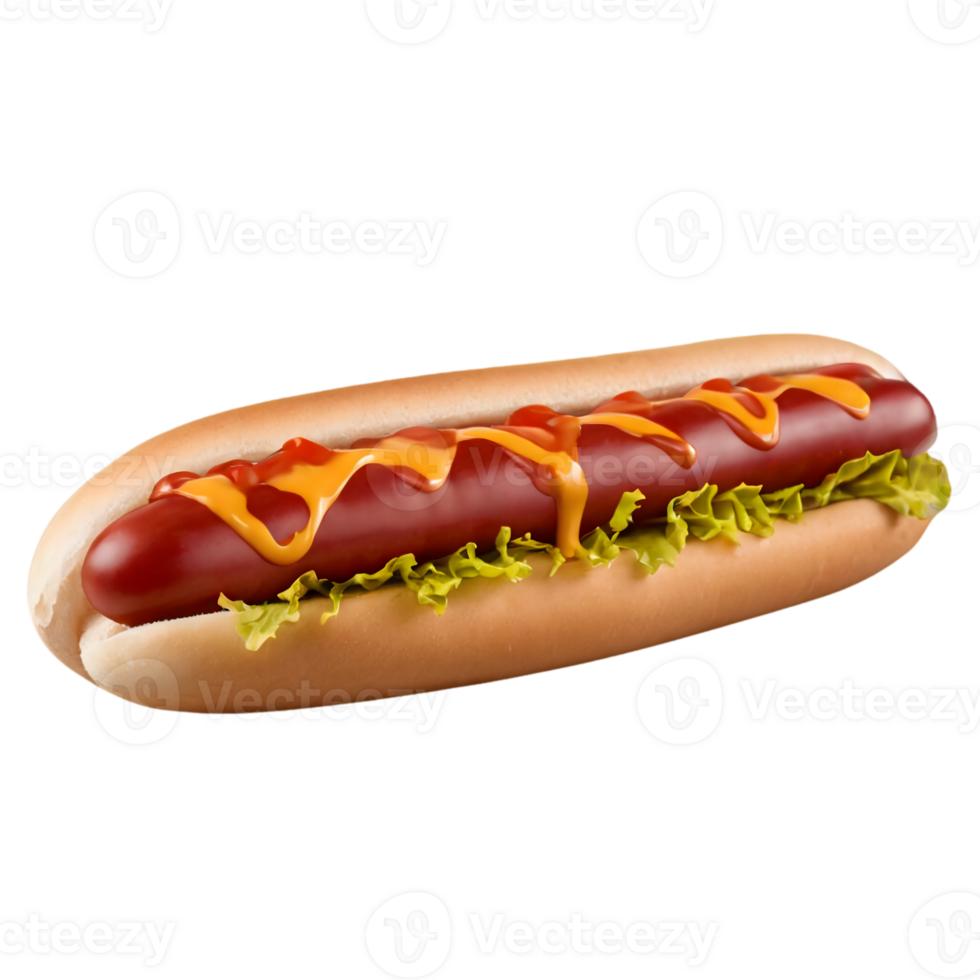 A hot dog with ketchup, mustard, and lettuce isolated on transparent background png