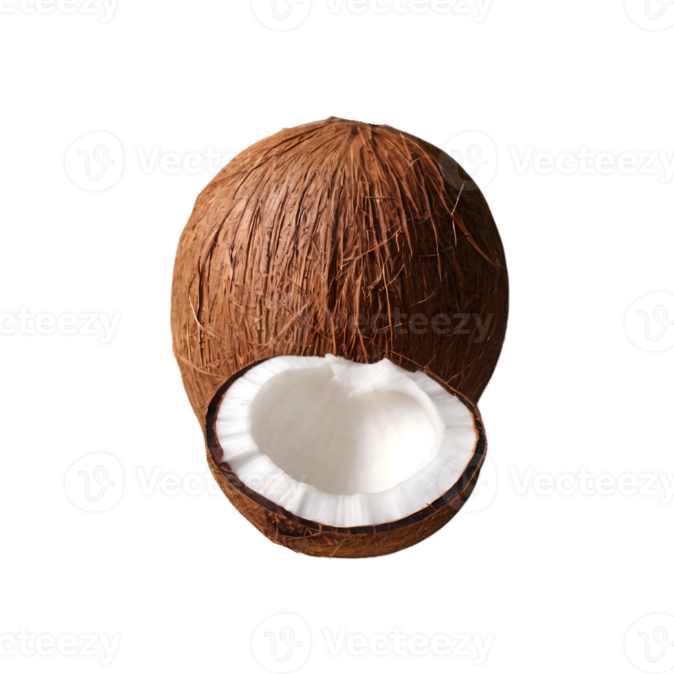 Whole and halved coconut fruit isolated on transparent background png