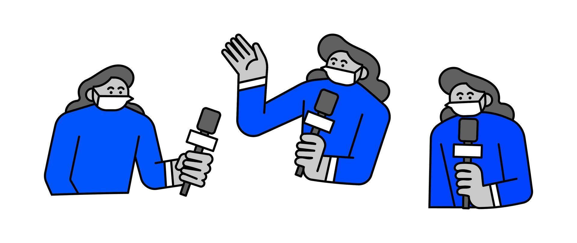 Set of Female Reporter with Mask Hand Drawn Character Illustration vector