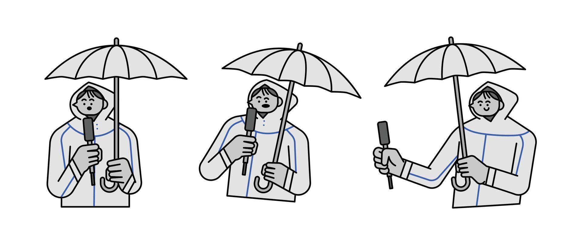 Set of Reporter Wearing Raincoat Hand Drawn Character Illustration vector