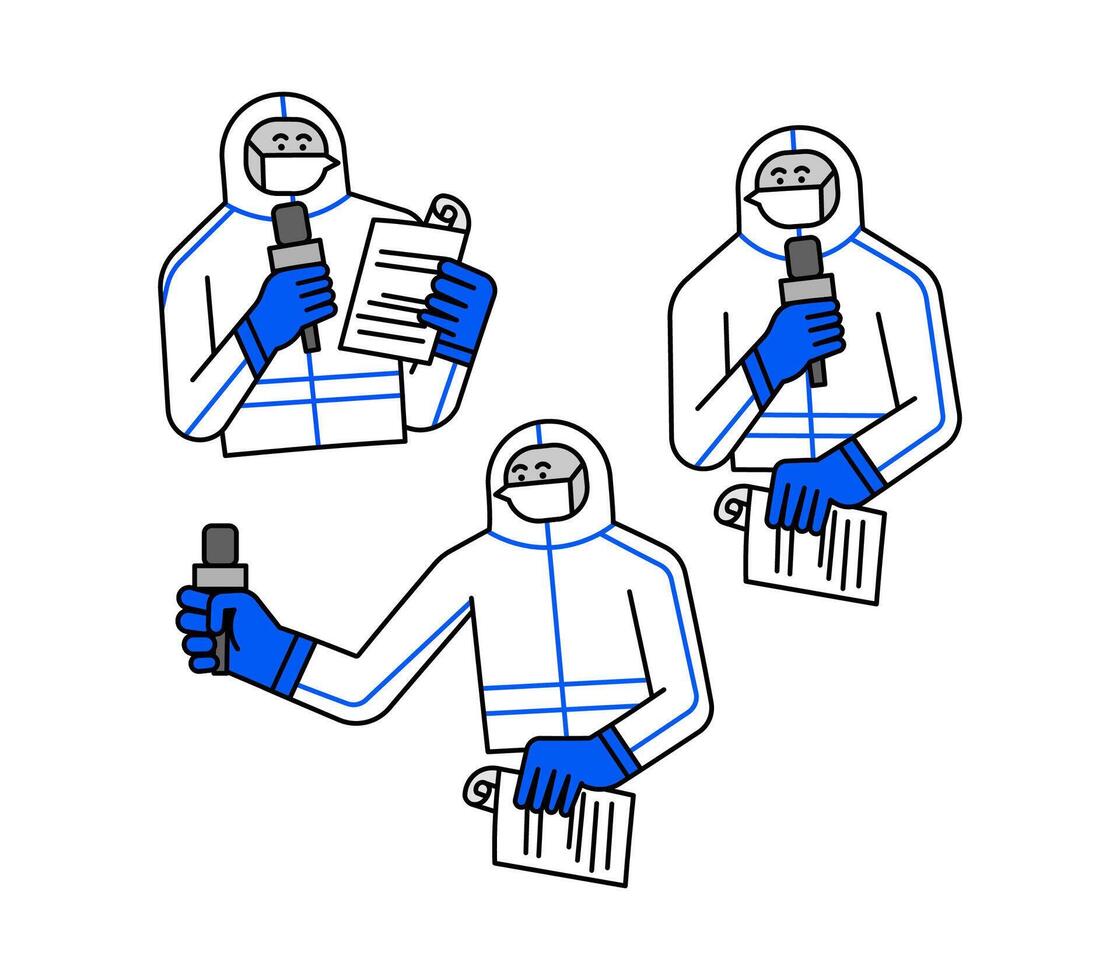 Set of Reporter with Hazmat Suit Hand Drawn Character Illustration vector