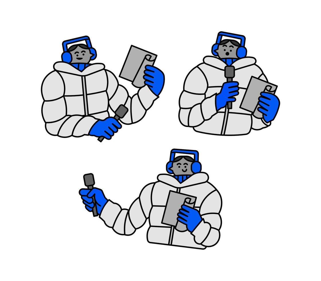 Set of Reporter during Winter Hand Drawn Character Illustration vector