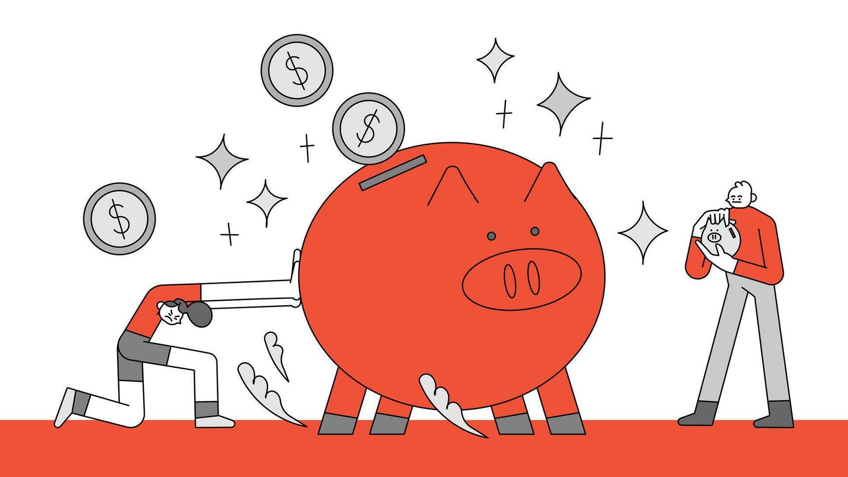 Comparing Size of Piggybanks Hand Drawn Character Illustration vector