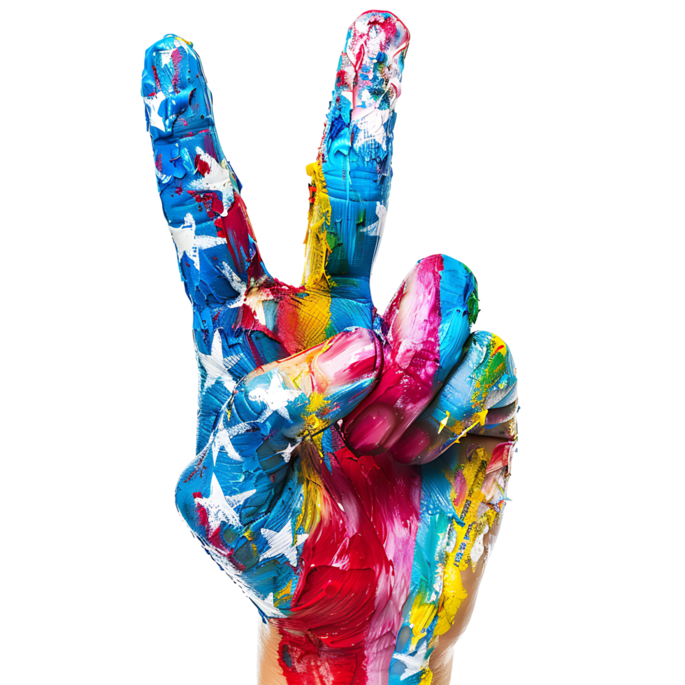 American painted flag hands set with victory sign isolated on transparent background, png