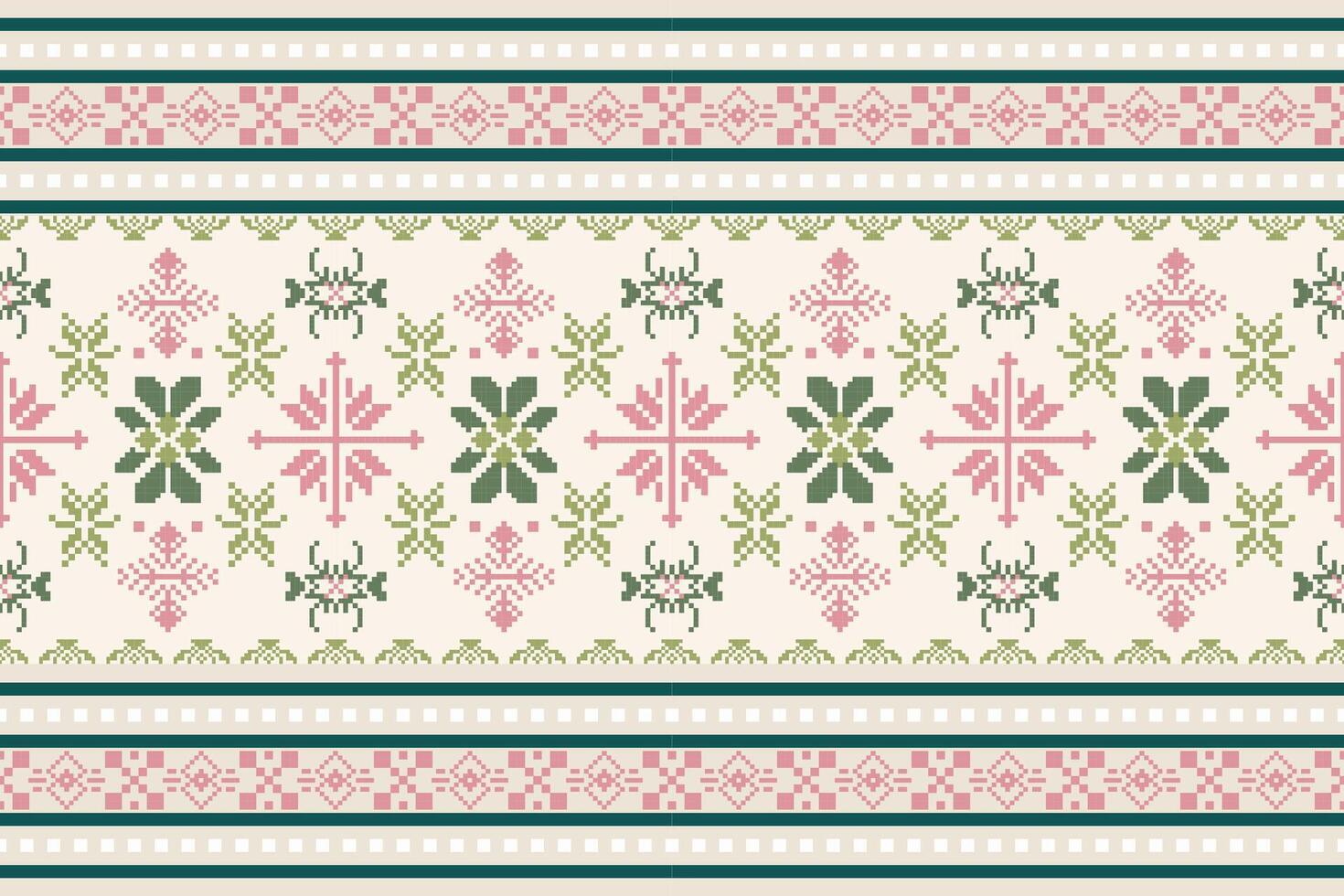 Pixel art floral and geometric pattern with decorative borders in pink and green tones on beige background. Ideal for fabric and wallpaper designs. vector