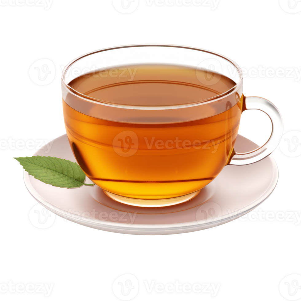 Transparent glass cup of tea with a green leaf, isolated on transparent png