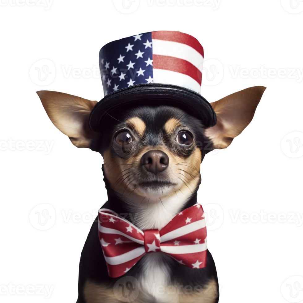 Chihuahua dog in an American hat and bow tie. isolated on transparent png