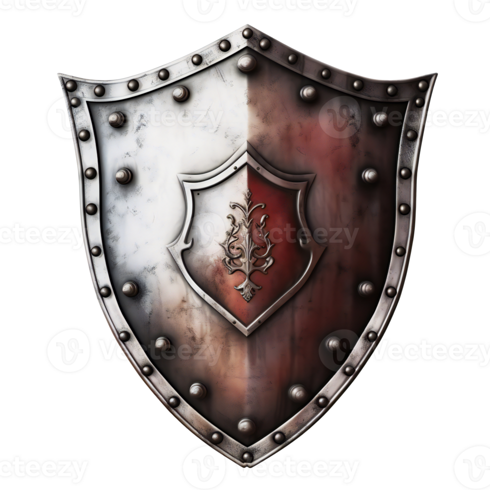 Medieval shield with a split design and a central heraldic emblem, isolated on transparent png