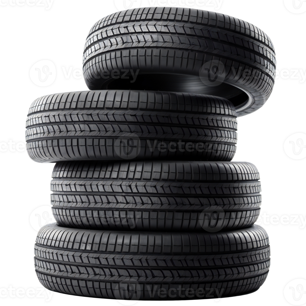 Stack of four black car tires, isolated on transparent png