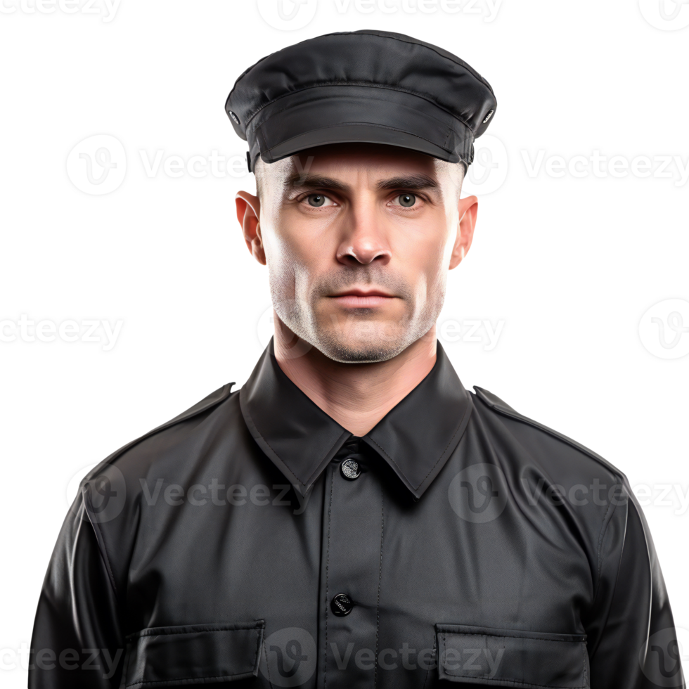 Serious man in black uniform and cap, isolated on transparent png