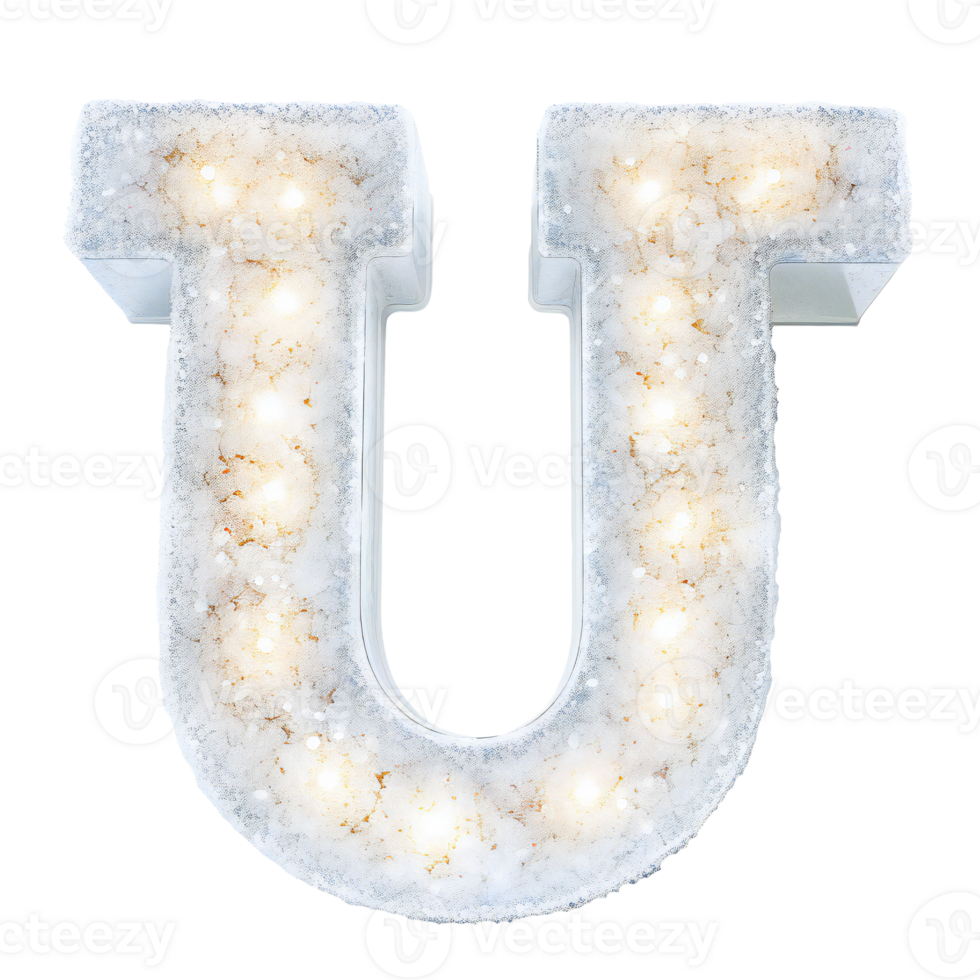 English letter U whose texture is like piles of white crystalline. Letter U isolated on transparent png