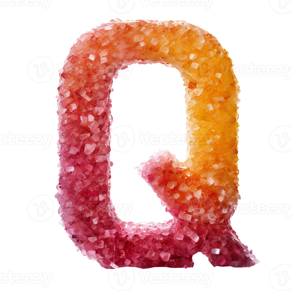 English letter Q whose texture is like piles of orange and red crystalline. isolated on transparent png