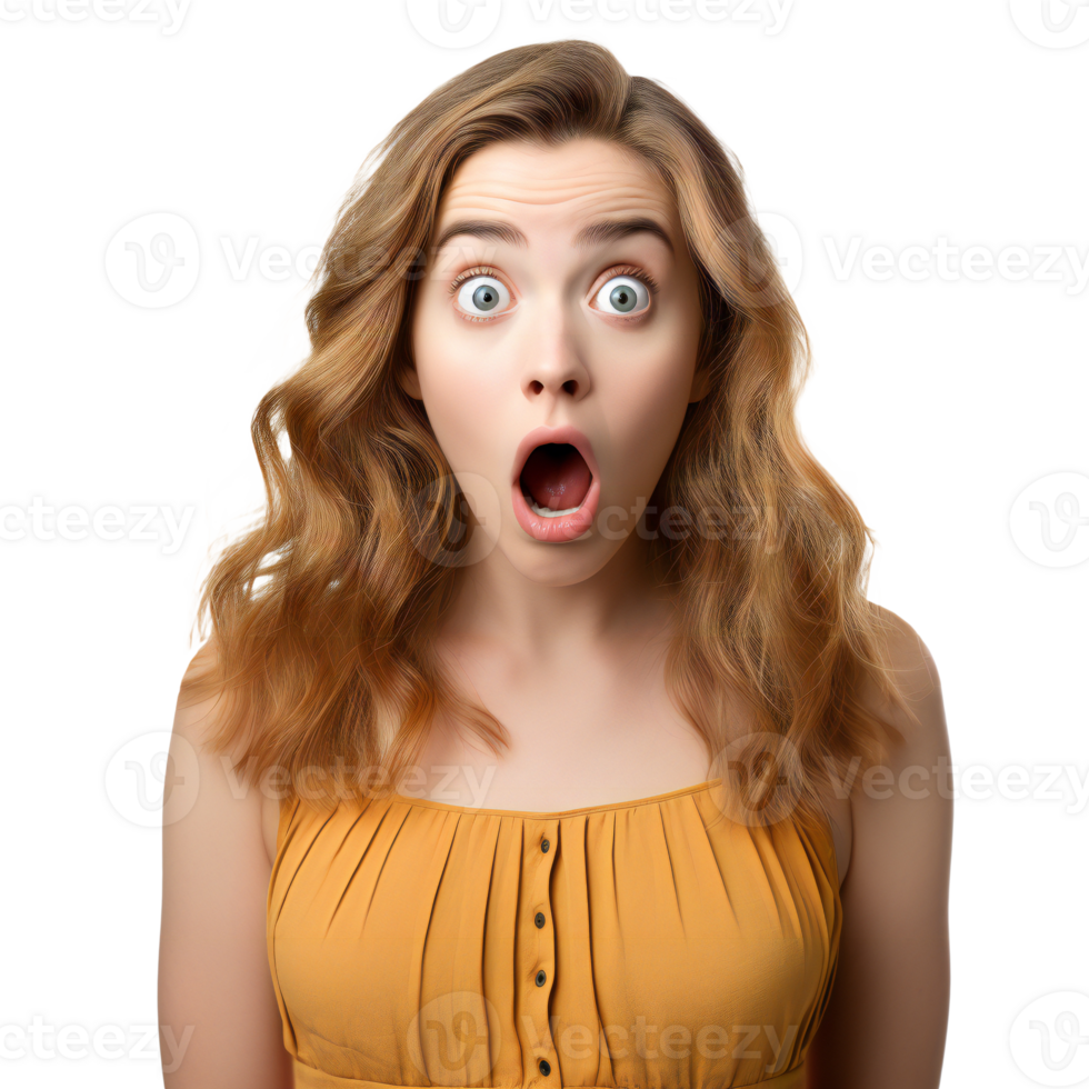 Shocked young woman in a yellow dress, isolated on transparent png