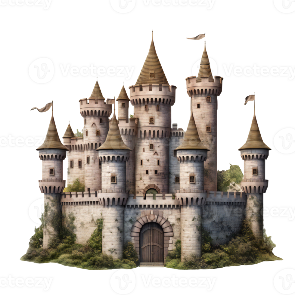 Medieval stone castle with multiple towers and flags, isolated on transparent png