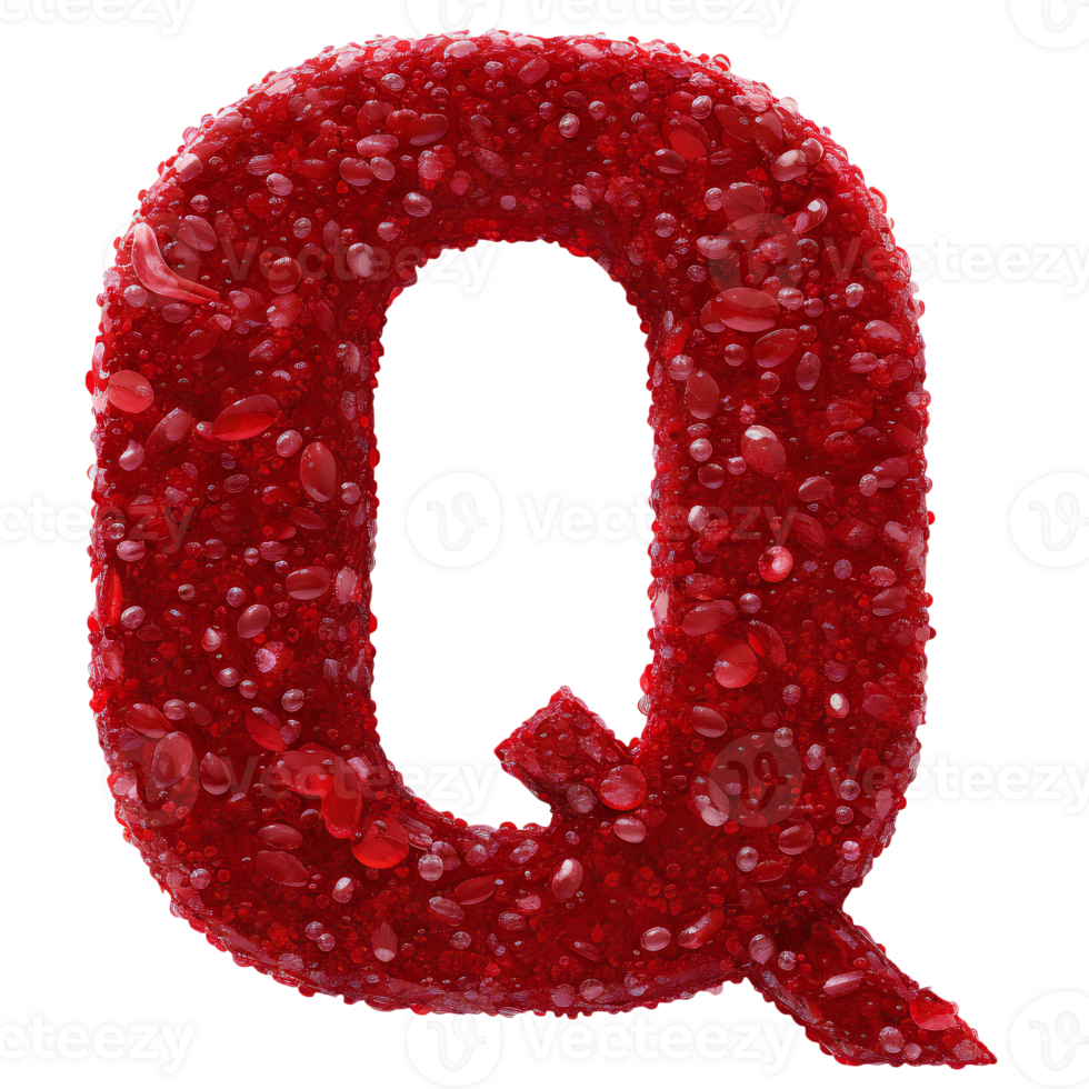 English letter Q whose texture is like piles of red crystalline. letter Q isolated on transparent png