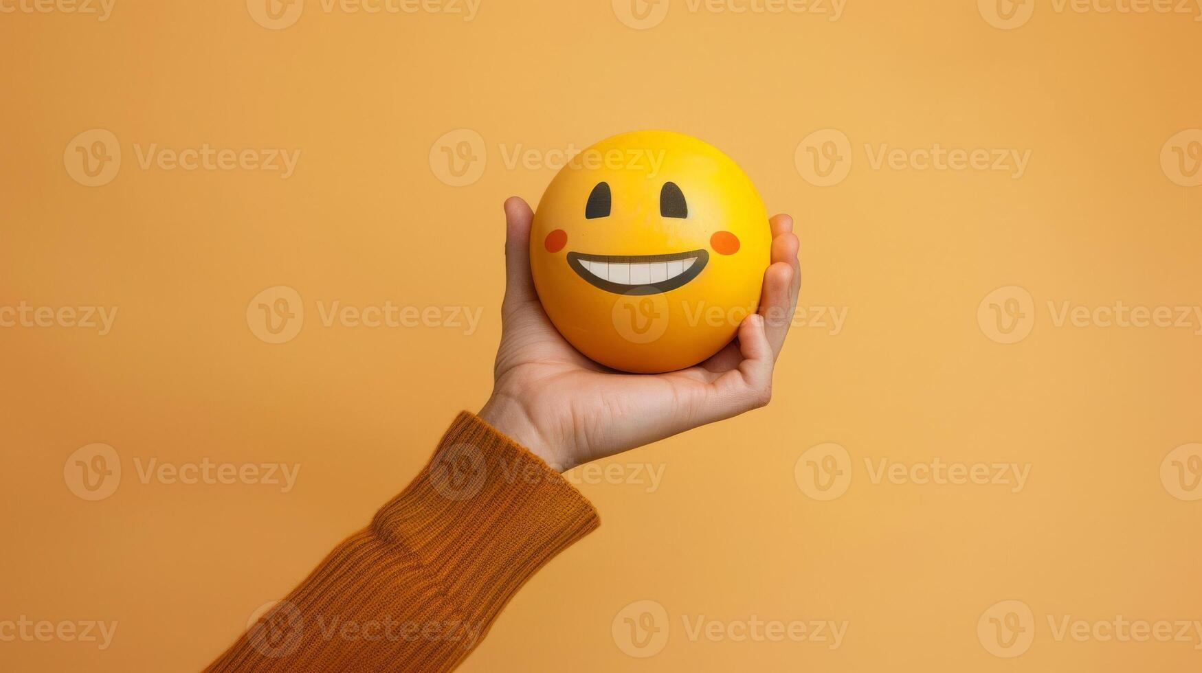 Smiling Emoji Held in Hand Against a Warm Background photo