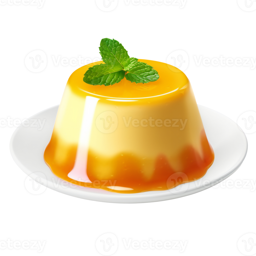 Caramel pudding with mint leaf on a white plate, isolated on transparent png