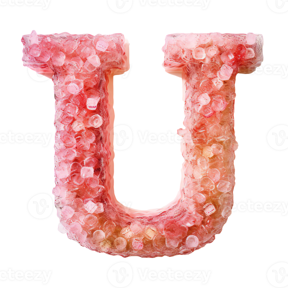 English letter U whose texture is like piles of pink crystalline. letter U isolated on transparent png