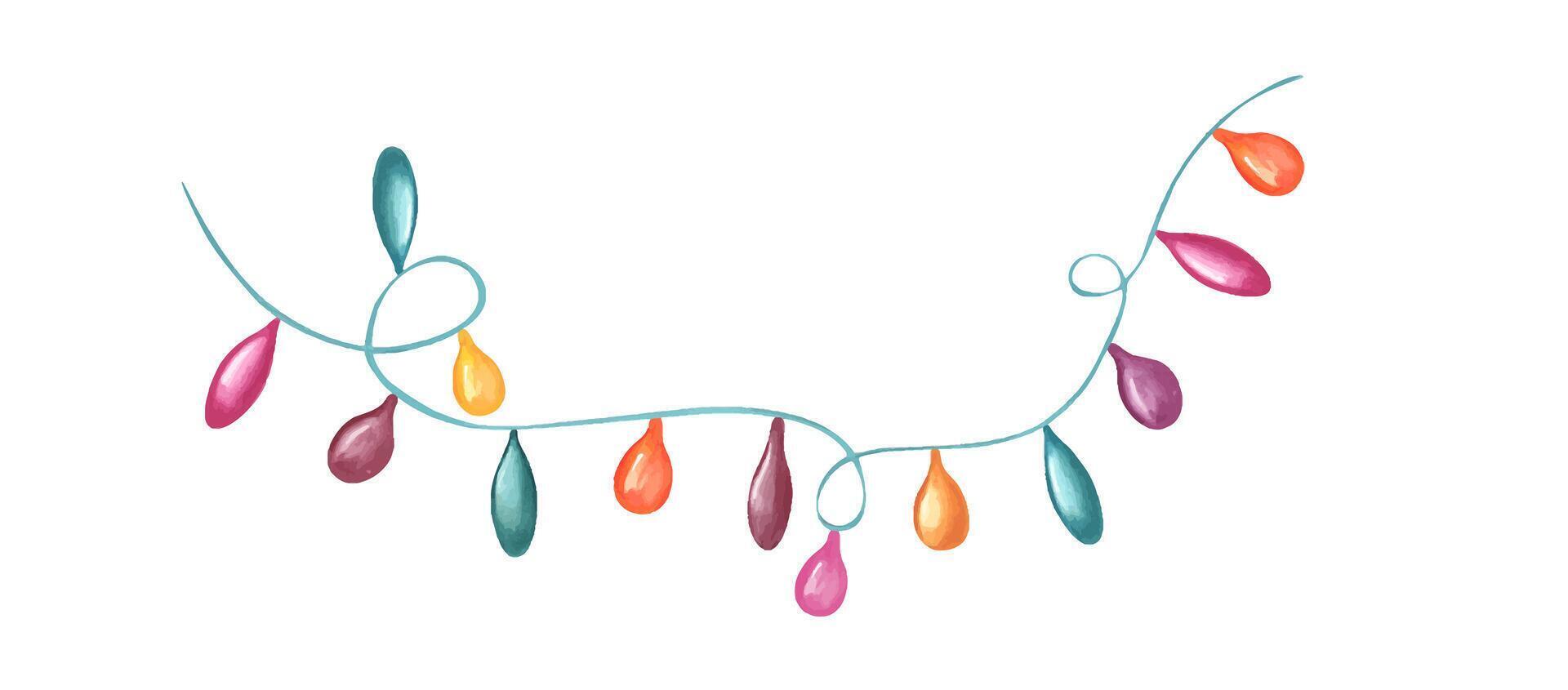 Decorative string lights. Holiday garland. Blue ribbon with colorful lamps. Watercolor illustration with light bulbs. Elements for festivals and cultural celebrations. For invitations, greeting cards vector