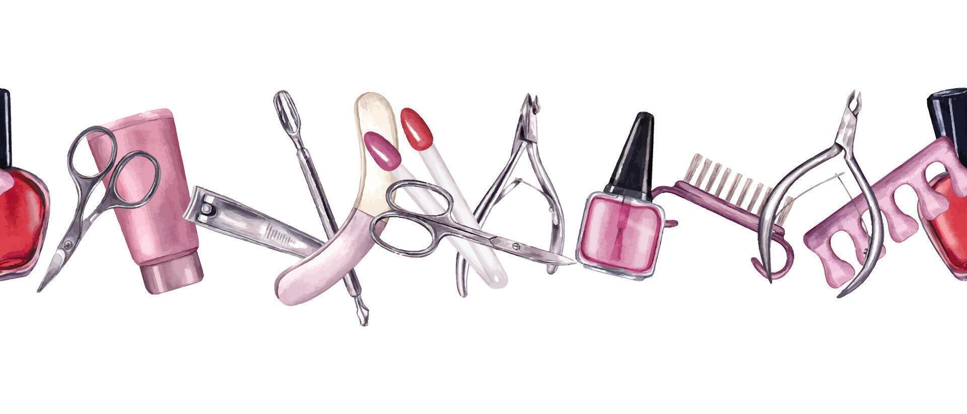 Manicure tools in pink colors. Seamless border. Nail polish, color palette, cream. Steel nail trimmer, cuticle scissors, clippers, brush and file. Watercolor illustration for package, textile, prints vector