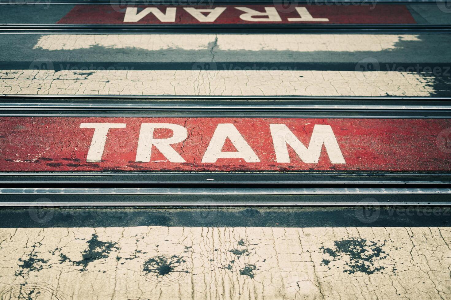 View on pedestrian crossing of a tram rail bed photo