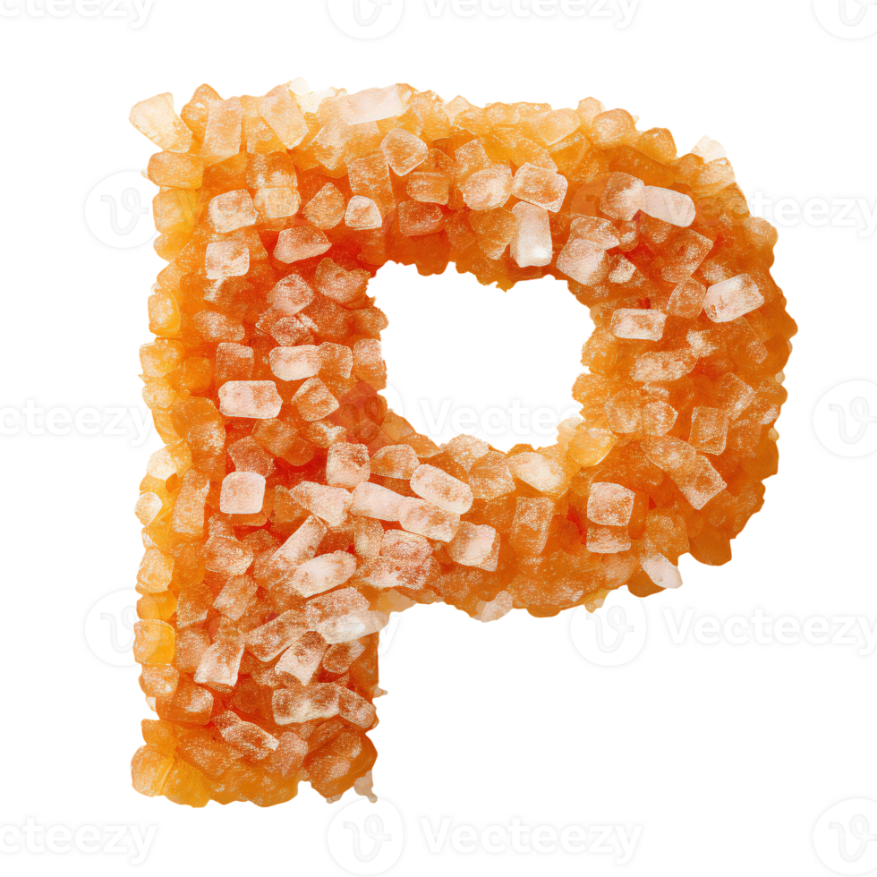 English letter P whose texture is like piles of orange crystalline. letter P isolated on transparent png