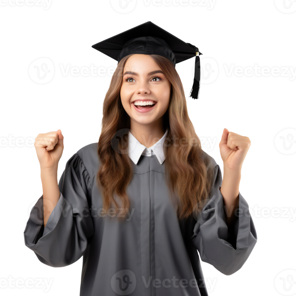 Successful graduation from university. Female university or college graduate isolated on transparent png