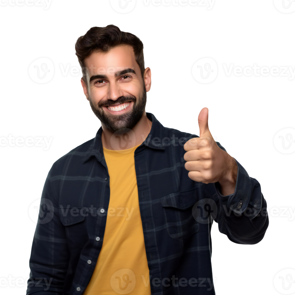 Handsome bearded smiling man showing thumb up. smiling man isolated on transparent png