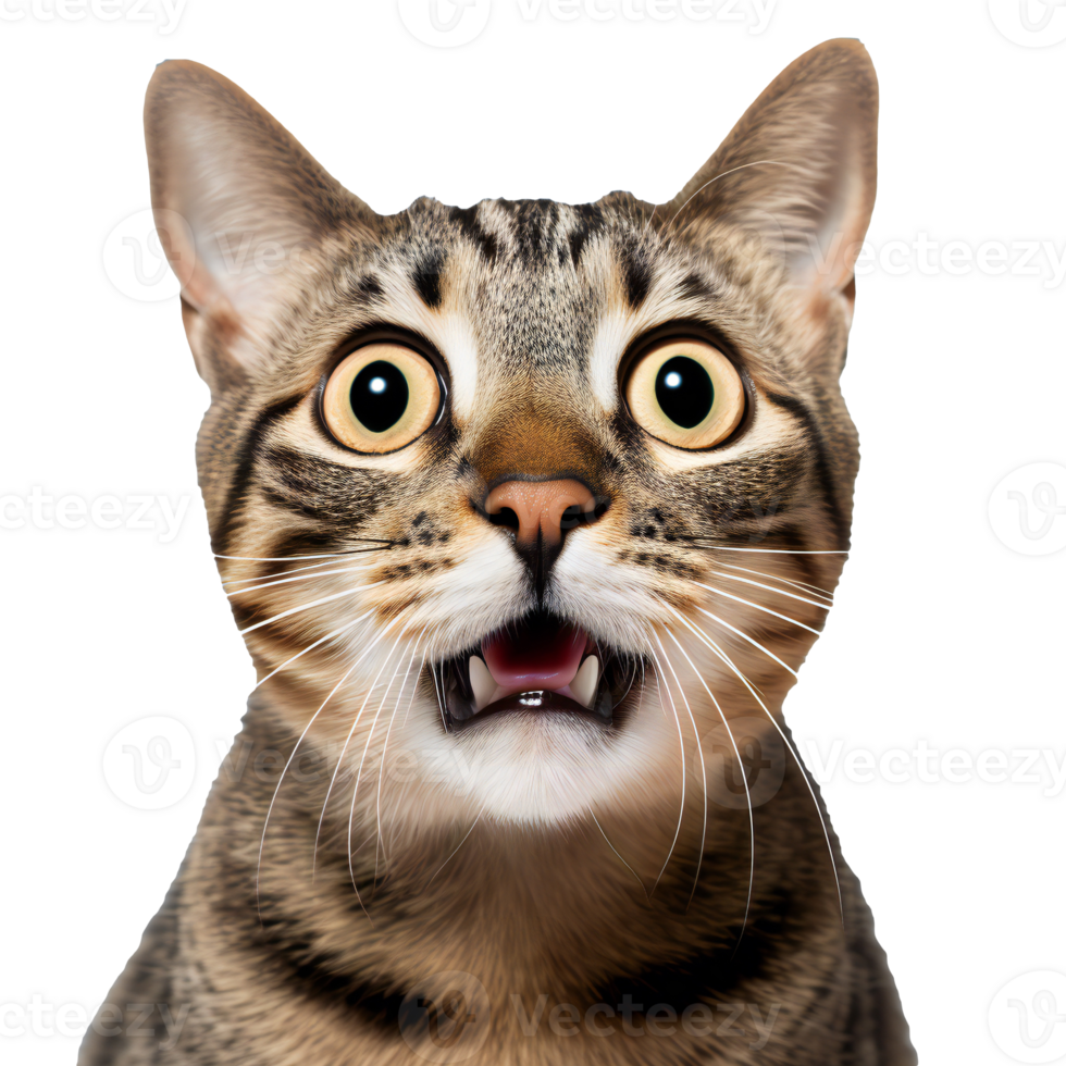funny cat looking shocked with mouth open. surprised cat make big eyes. isolated on transparent png
